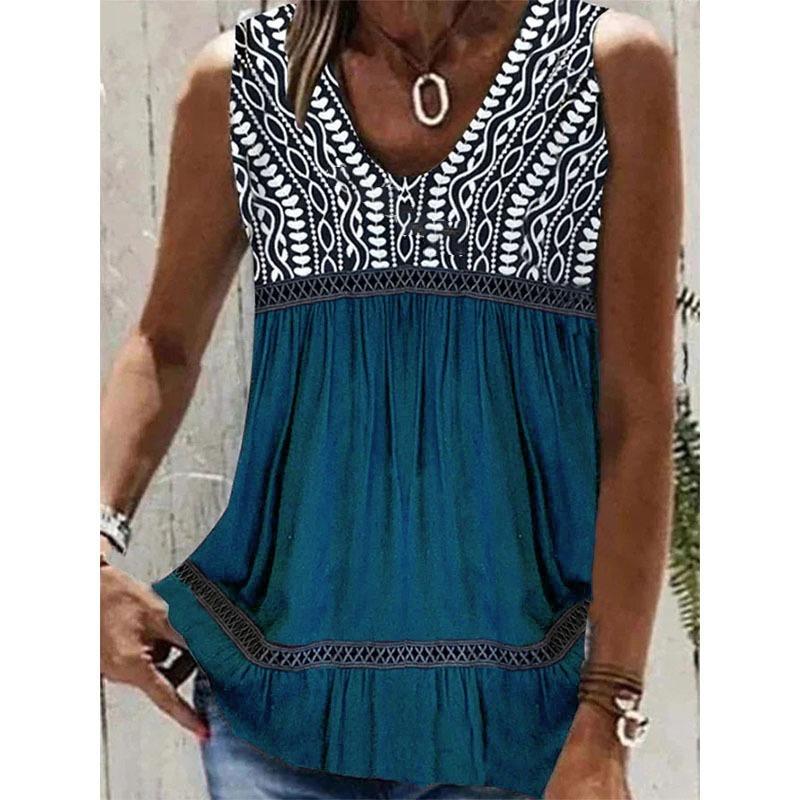 Summer Lace Patchwork Sleeveless Loose Blouse Women Tops V Neck Pleated Elegant Plus Size Shirts for Women Fashion Print Simple Blouses 24530