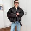 Vintage PU Leather Bomber Jackets Autumn Ladies Zipper Lapel Long Sleeve Pocket Coat With Belt Women's Loose Streetwear
