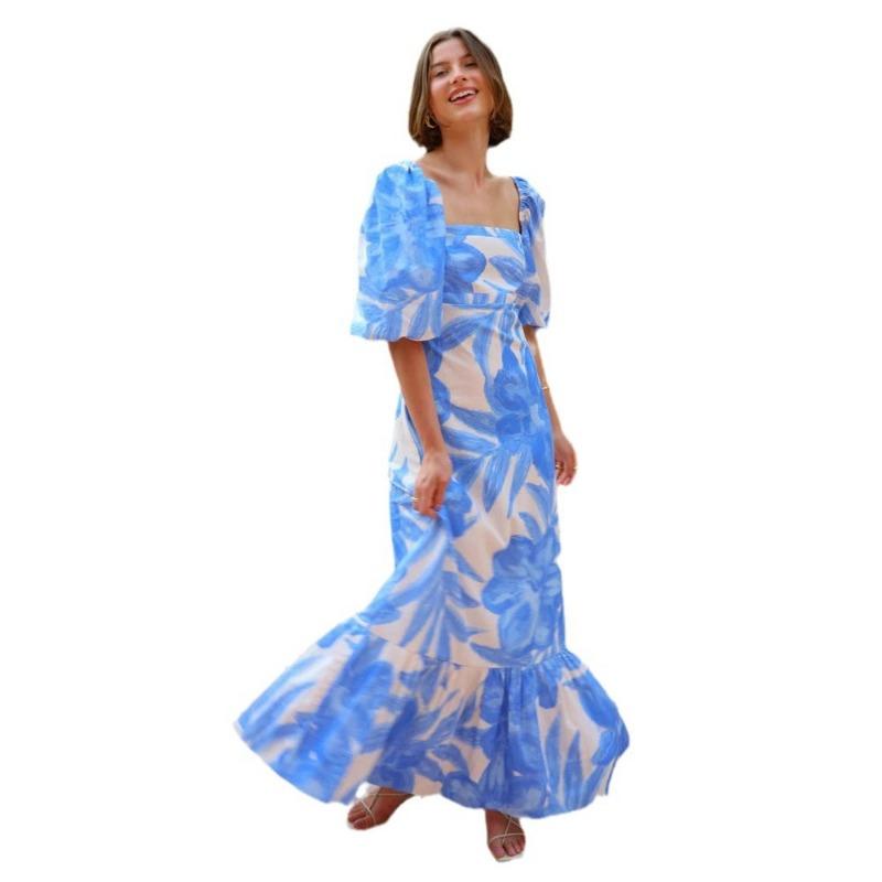 Women's Summer Casual One-line Collar Print Lantern Sleeve Fashion Dress