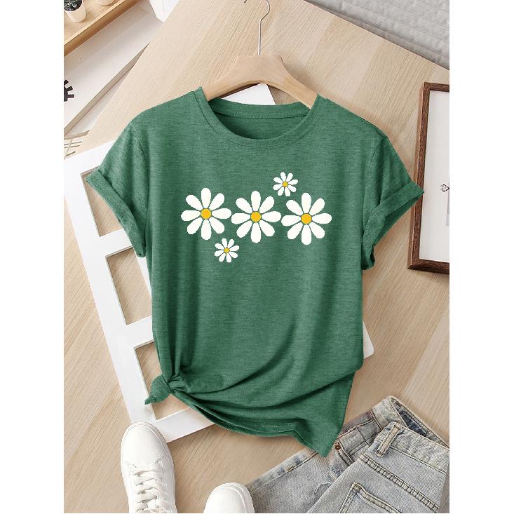 Women's European and American style summer short-sleeve top with contrasting colors and a print of several white daisy flowers, fashionable