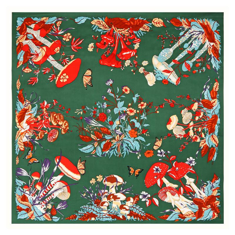 POBING Silk Scarf Women Large Shawls Plant Mushroom Print Stoles Square Bandana Luxury Kerchief Hijab Female Foulards 130CM