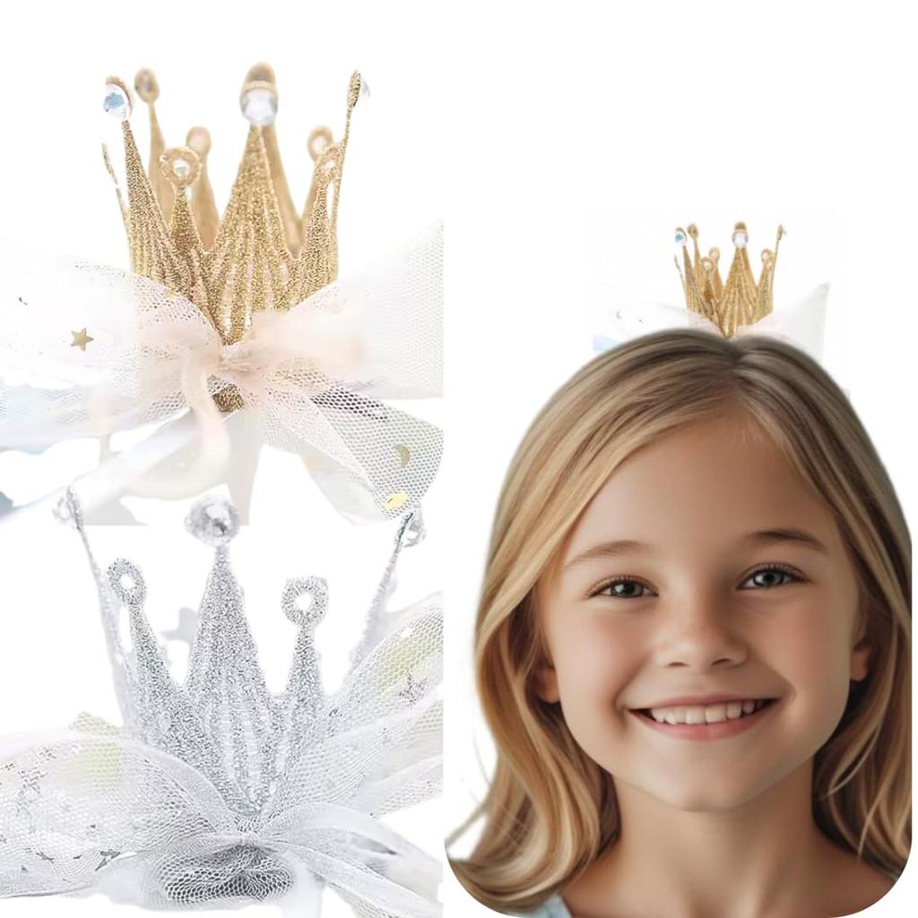 Set of 2 Crown Hair Clips with Tulle Ribbons, Gold and Silver, Hair Accessories for Babies and Kids, Princess Style, Birthdays, Photography,