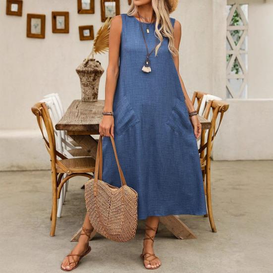 Women's Sleeveless Long Dress Casual Crew Neck Maxi Dress Summer Beach Vacation Shift Sundress with Pockets