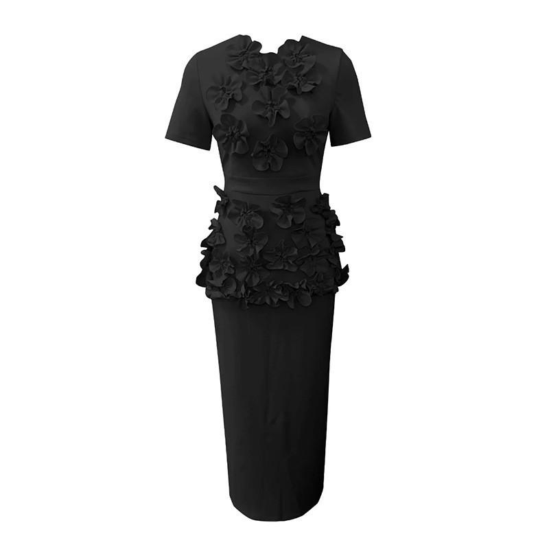 

French Elegant Style Suit Irregular Three-dimensional Flower Top + Temperament Hip Skirt Women s M чорний
