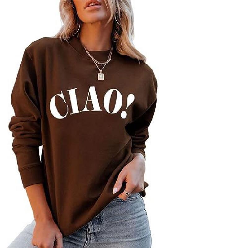 Ciao Print Round Neck Long Sleeve Plus Size Women's Hoodie - EU Size, Casual & Loose Fit