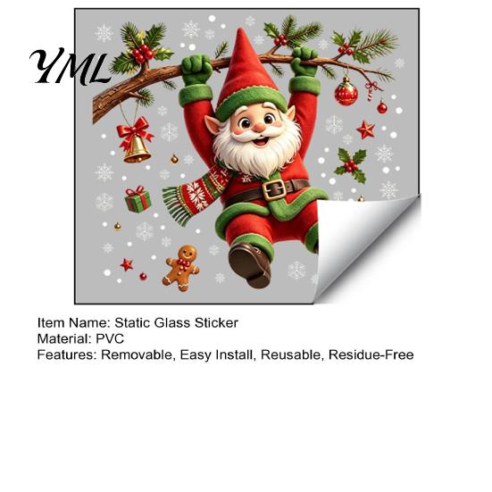 Holiday Party Decor Cute Gnome Christmas Static Window Cling, Removable Decal with Holly Bell Pattern Stickers Gingerbread Snowflake, for Home Living