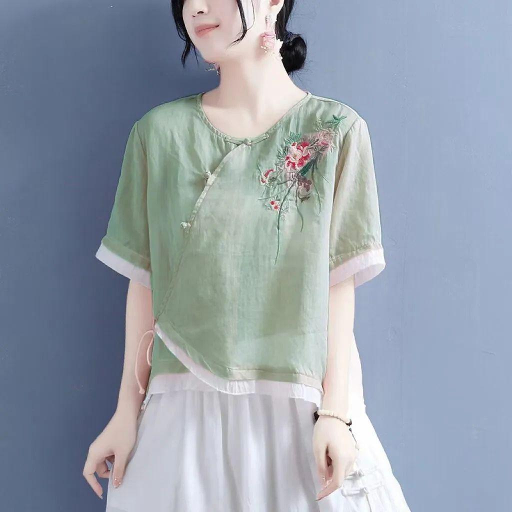 

Cotton and linen button-down embroidered placket shirt women s five-quarter sleeve summer new asymmetrical half-sleeve top M бірюзовий