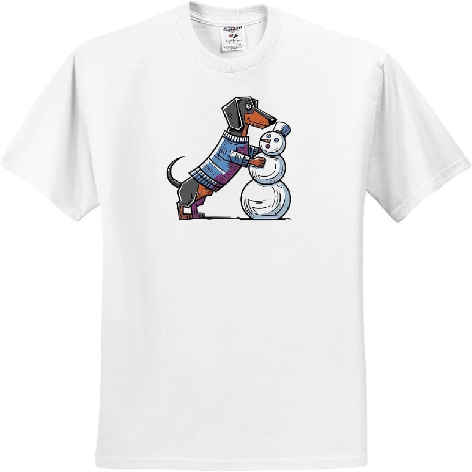 3dRose, Funny Cute Colorful Dachshund Dog in Sweater Building Snowman Abstract, T-Shirt S