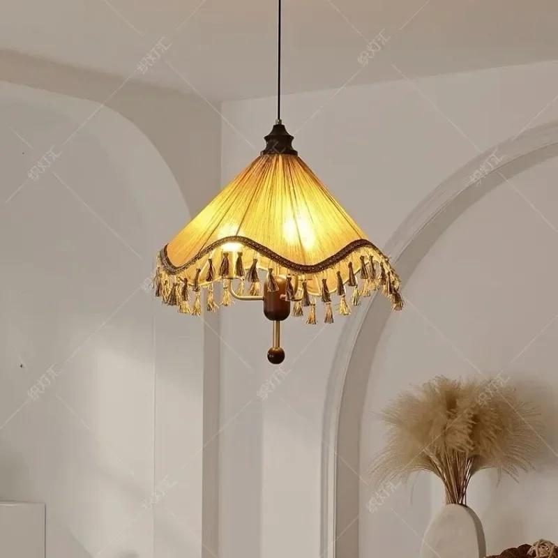 Retro Fabric Pendant Light Tassel Ceiling Chandelier Led Hanging Lamp for Bedroom Living Room Dining Table Decor
