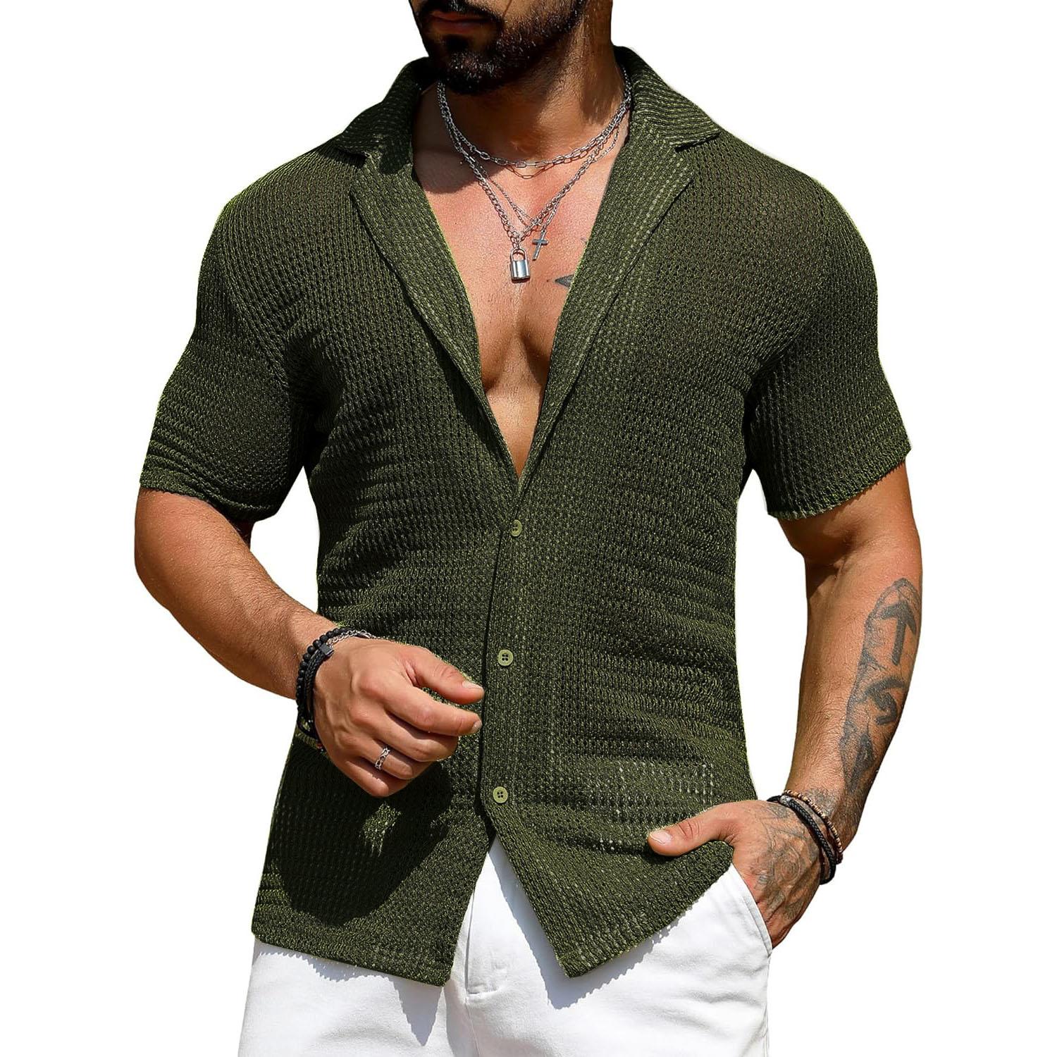 Modern Living Streetwear Mode Gebreide Kleding Heren Shirt Sexy See Through Gebreide Tops Heren Zomer Casual Knoop Revers Korte Mouw Hollow Out Shirt XL legergroene kleur