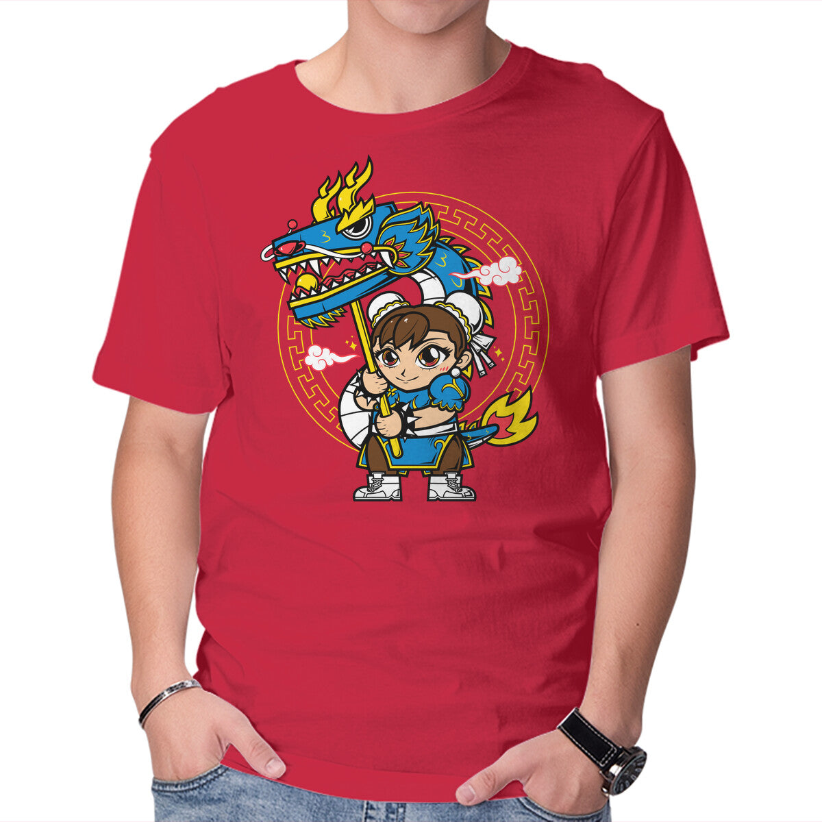 Unisex Crew Neck T-Shirt The Blue Dragon Dancer Graphic Short Sleeve Casual Tee M