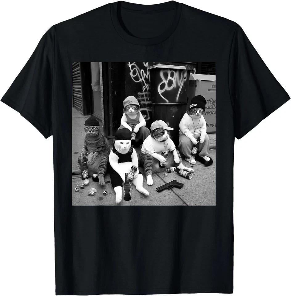 Funny Gangster Cats Streetwear T-Shirt Urban Cat Meme Graphic Tee Unisex M