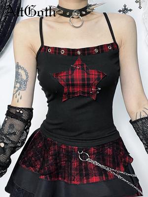 AltGoth Streetwear Y2k Camis Dámske estetické nákupné centrum Goth Červené kockované pentagramové patchworkové crop tielka Harajuku Cyber Punk oblečenie