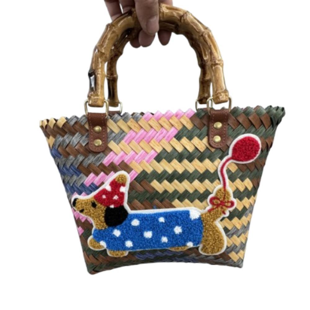 Puppy Pattern Retro Striped Woven Bag Bamboo Handle Summer Women's Handbag  Casual Shopping