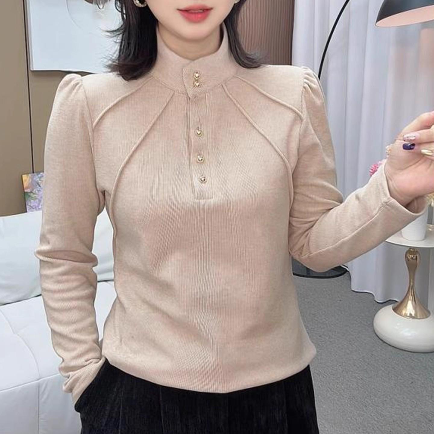 

Autumn/Winter Women s Plus Size Long Sleeve Tummy Covering Top with Half-High Collar & Button Patchwork for Middle-Aged and Elderly M