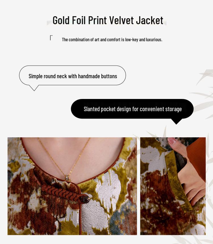 Autumn/Winter Velvet Silk Ink Paint Print Coat - Women's Retro Chinese Style Top