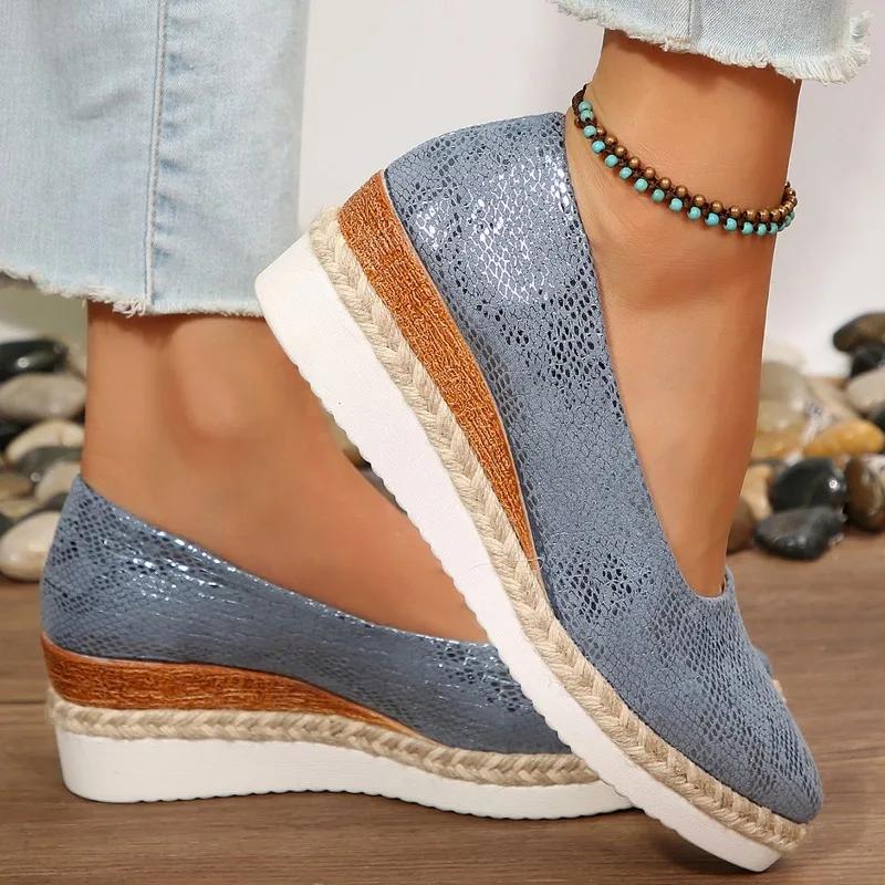 Women's Platform Heels Autumn 2024 Comfortable Wedge Pointed Toe Loafers Shoes for Women Fashion Sequins Shallow Pumps Plus Size
