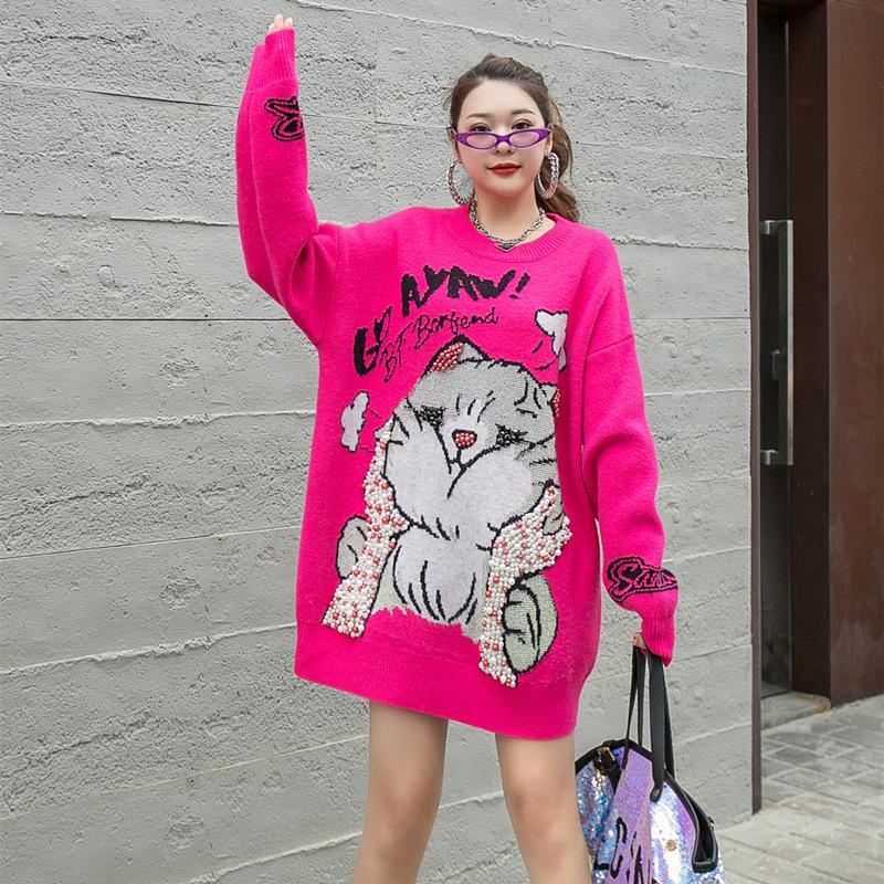 European Station Autumn/winter Sweater Casual Crew Neck Cartoon Cat Loose Knitwear Girl Design Lazy Top Trendy Brand