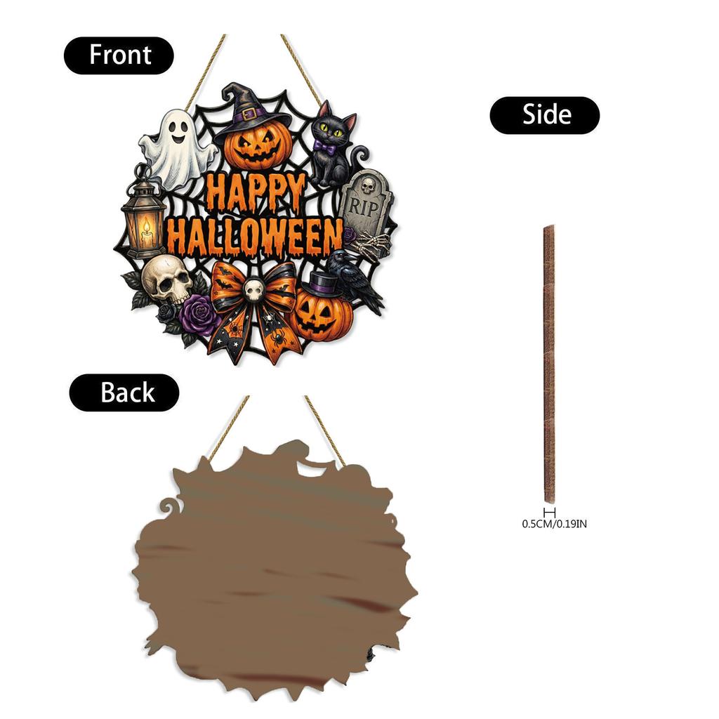Wooden Halloween Hanging Sign with Spider Web Pumpkin Ghost Cat Skull and Bow for Indoor Outdoor Party Wall Decoration