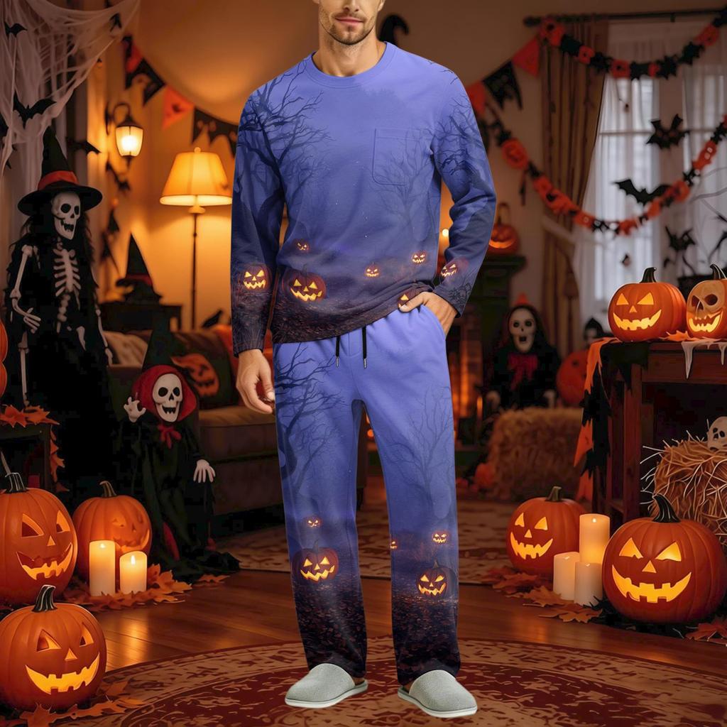 Men's Halloween Pajama Set Long Sleeve Long Pants with Crotch Buttons and Elastic Drawstring Waist