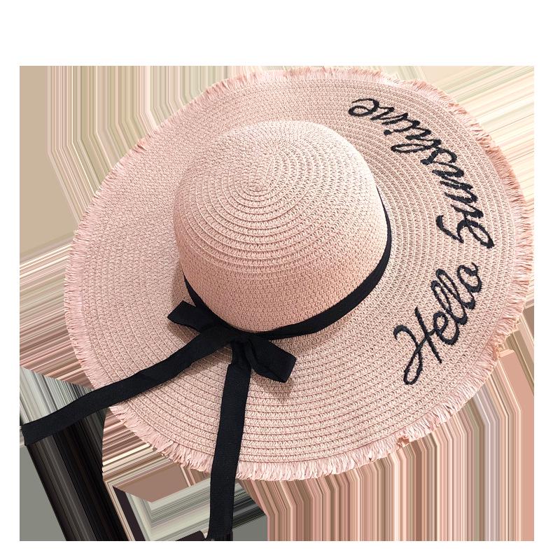 Straw Hat Ladies Bow Big Eaves Hat, Dome Sunscreen Beach Letters Big Eaves Seaside Sun Hat Tide