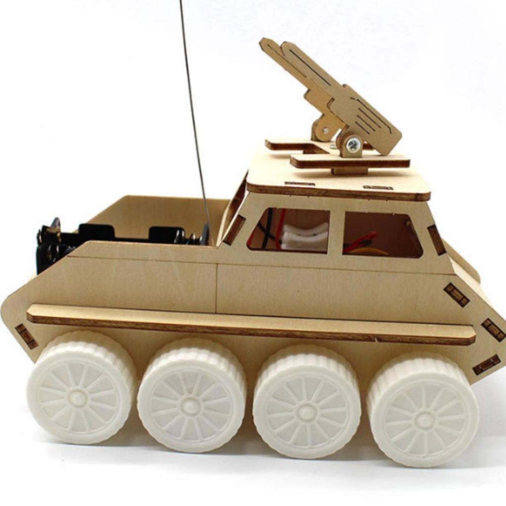 RemoteControl Tank Car Light Wood Finish Cut Wooden Vehicle Kit TurretRotating Top Piece DIY Armored