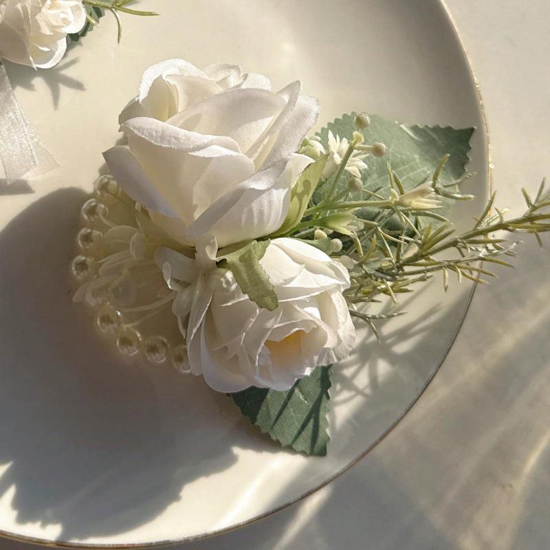 White Forest Style Bridal Party Floral Wrist and Boutonniere Set