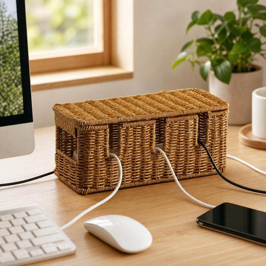 Woven Rattan Cable Management Box Decorative Power Strip Organizer with Cord Openings Enclosed