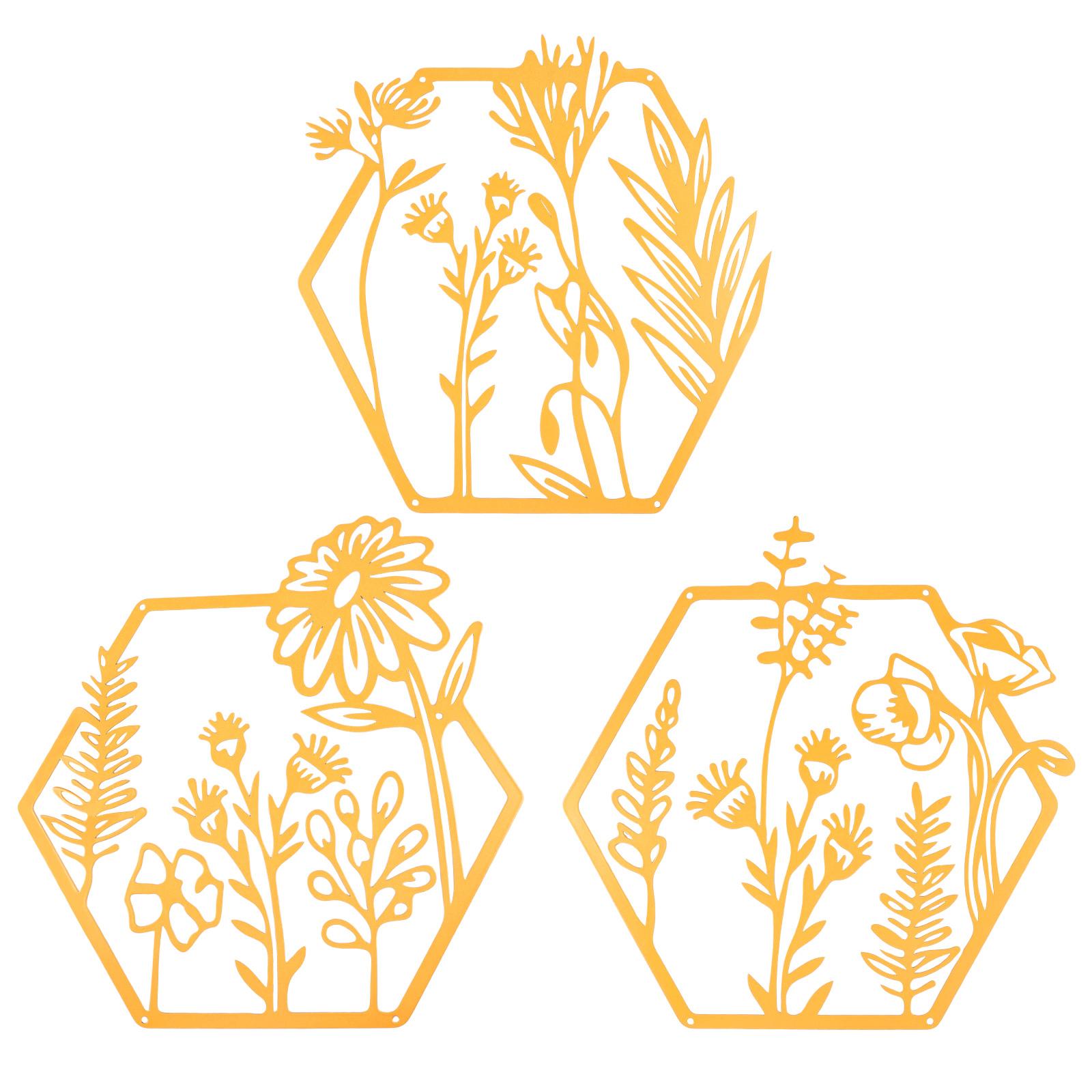 

3Pcs Iron Metal Flower Wall Decor Abstract Floral Splicing Line Art Hanging Wall Sculpture for Living Room Bedroom Decorations золотой