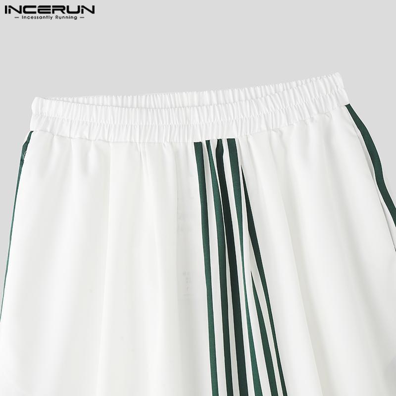 INCERUN Men Elastic Waist Striped Print Stitching Casual Wide Legs Pants Trousers