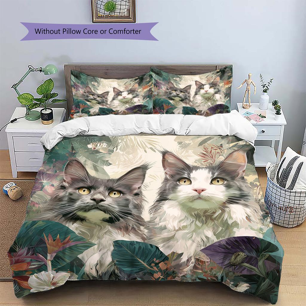 Maine Coon and Flowers Pattern Bedding Home Decoration Birthday Gift (1 * Duvet Cover + 2 * Pillowcase, Without Core)