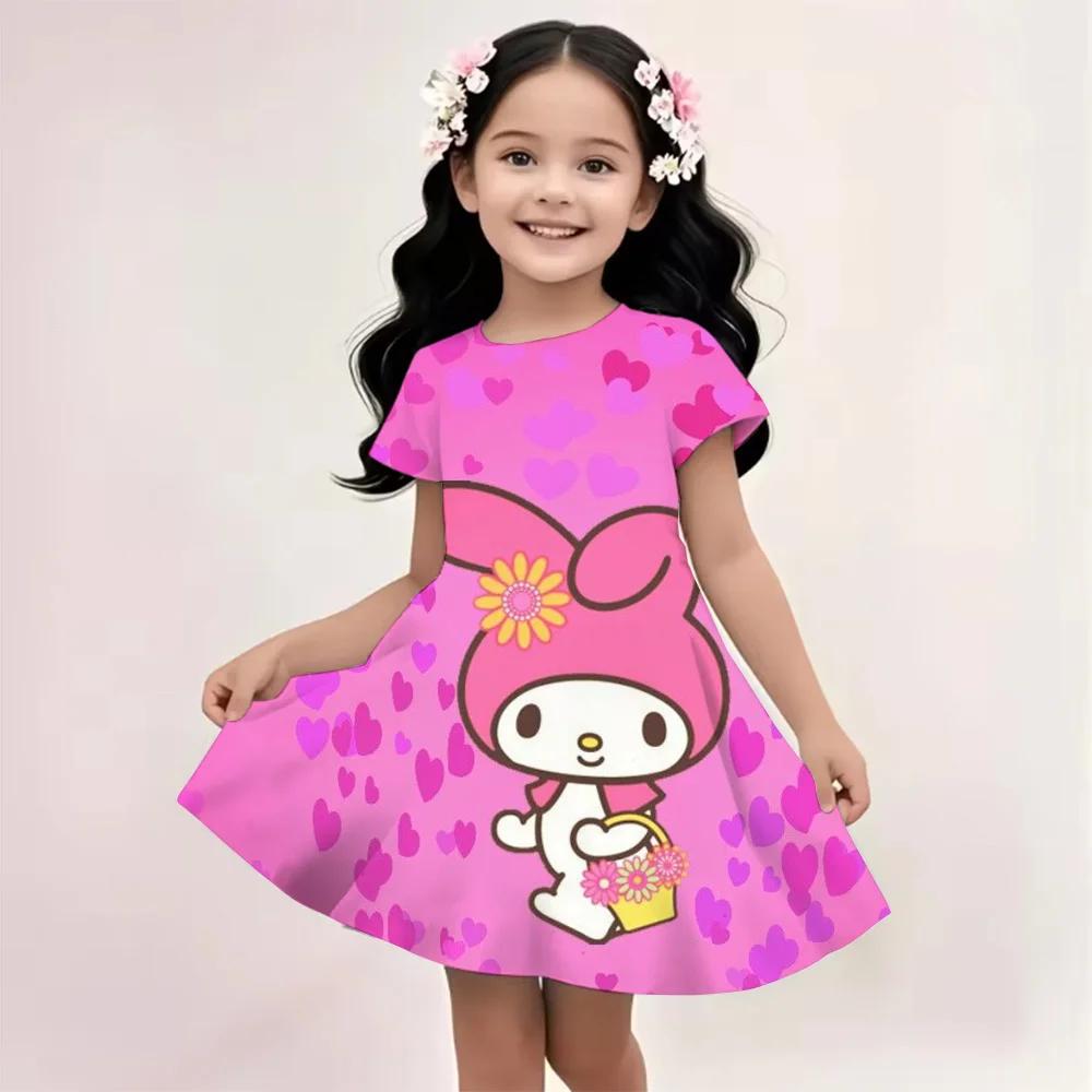Sanrio Summer Dress Fashion Cartoon Cute Cinnamoroll Hello Kitty 3D Printing Dress Kid Short Sleeve Princess Clothing Kuromi
