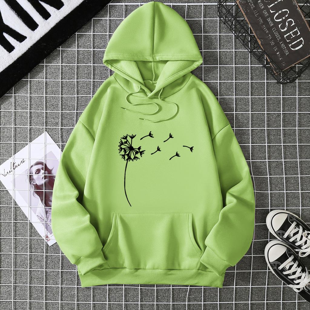 Women's Fleece Sweater Plant Print Kangaroo Pocket Drawstring Print Hoodie