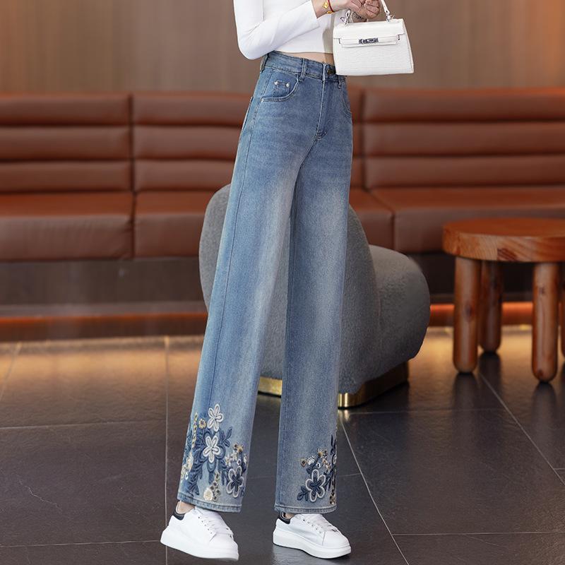 2025 New Chinese Style Embroidered High-Waist Wide-Leg Petite Jeans