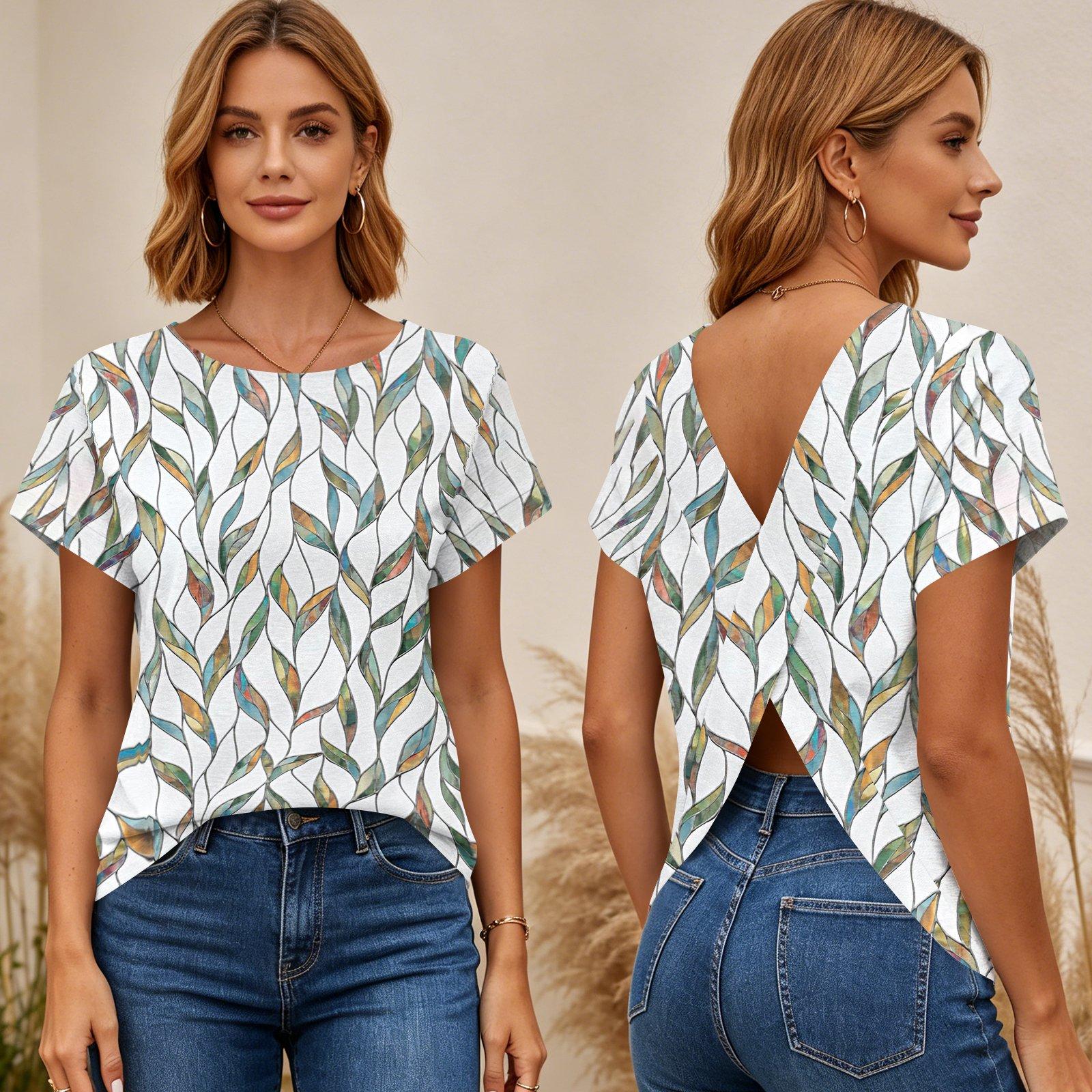 

Womens Floral Print Short Sleeve T Shirt Cross Back Open Back Tee Casual Summer Top Lightweight Breathable Fabric S