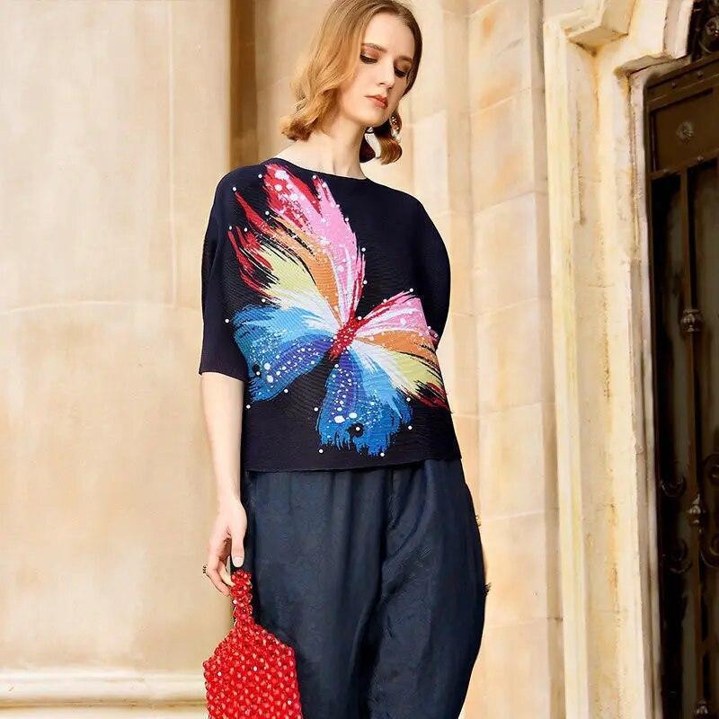 Five-point Sleeve Color Pleated Top Design T Shirt Spring and Summer O Neck Western Age-reducing Butterfly Print T-shirt