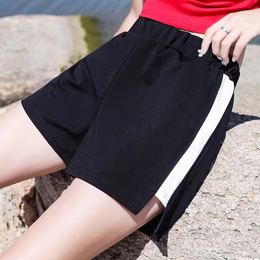 Women's High Waist Slit Hem Shorts with Letter Print and Color Patchwork