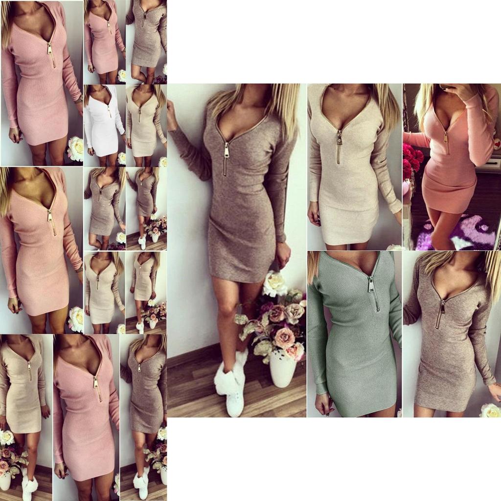 Elegant Women Zip Up V Neck Long Sleeve Knitted Bodycon Party Evening Mini Dress Tops For All Occasions