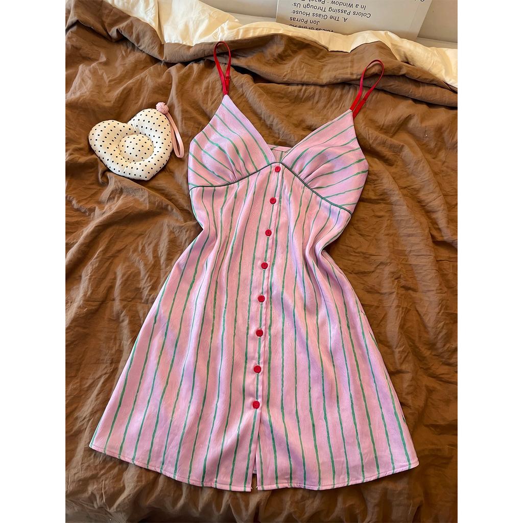 Sweet Girl Pink Striped Ice Silk Suspender Nightdress Women's Summer 1011 New Home Dress That Can Be Worn Outside
