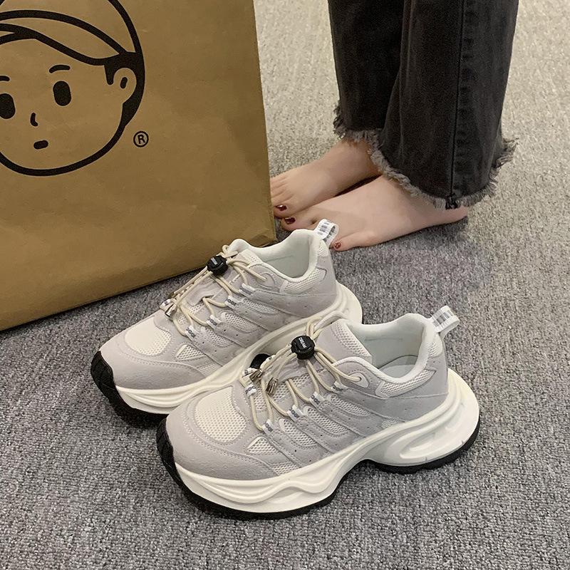 Leather Mesh Dad Shoes Women's Autumn New Ins Tide Fishbone Thick Bottom Leisure Sports Breathable Cortez