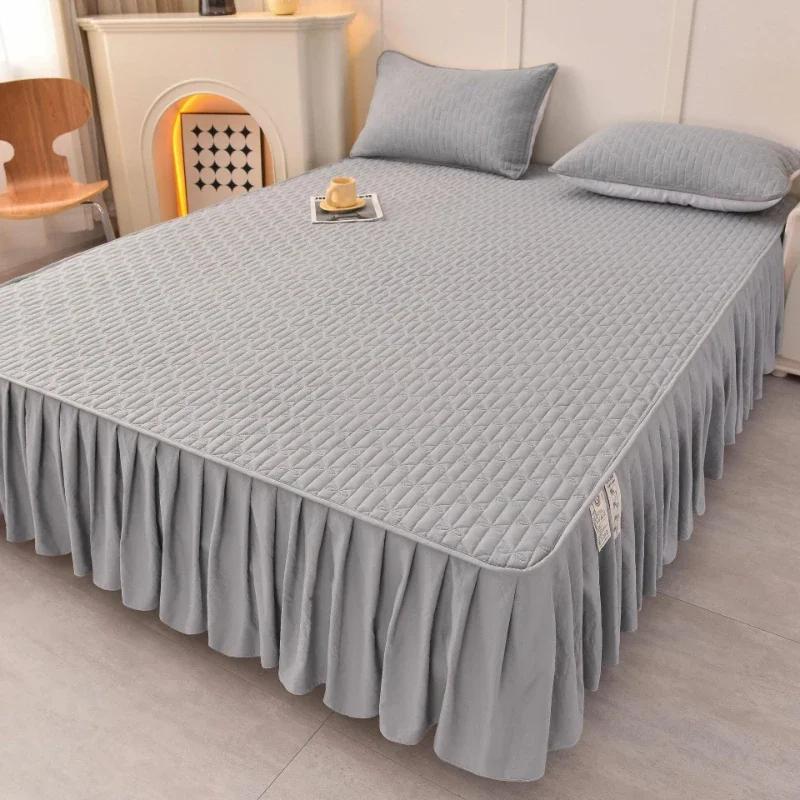 Solid Color Cotton Fitted Sheet Bed Skirt 2-in-1 Dustproof Bedspread Modern Minimalist Mattress Dust Protection Cover