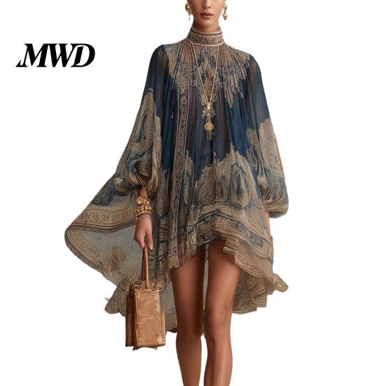 Bohemian Dress Boho Floral Print High Neck Irregular Chiffon Mini for Women, Puff Sleeve Long Flowy Party Cocktail Dress, Summer Beach Vacation Short XS
