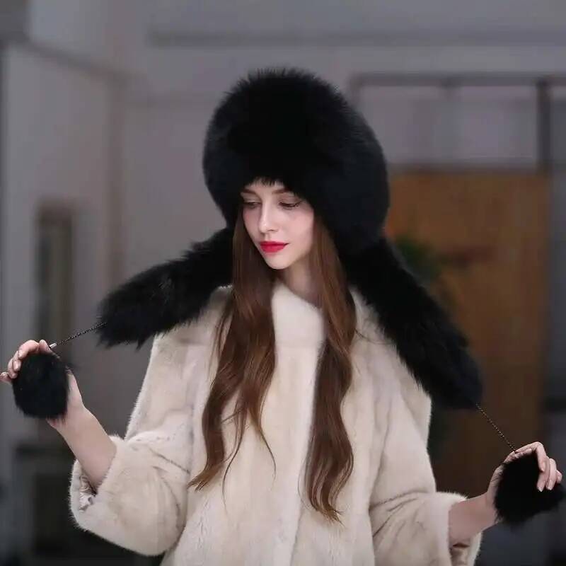Fox Fur Hat Women Winter Scarf Hat Warm Ear Protection Cap Female Outdoor Thick Warm Fur Hats Russians Fashion Fluffy Fur Hat