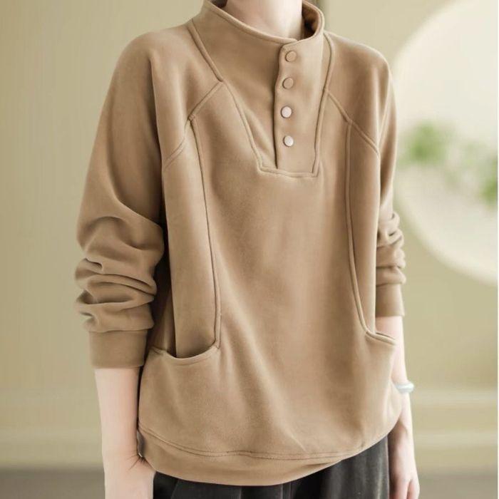 

Warm Thermal Sweatshirt Women s Loose Cover-up Design Button Half High Collar Velvet Polyester Full Sleeve Casual Top S