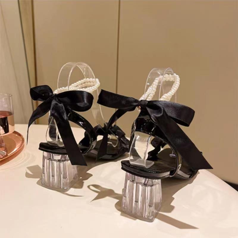 Women's New Butterfly Knot Sandals 2024 Summer Fashion Square Head Thick Heel Temperament Trend Beading High Heels Women