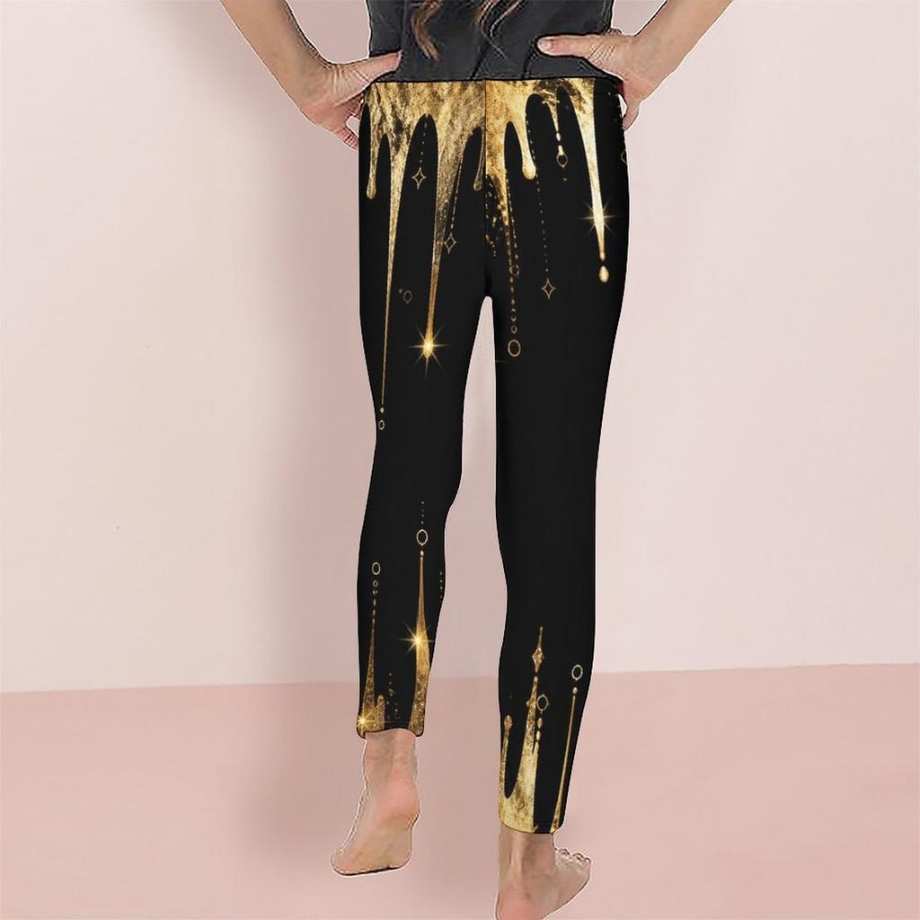 Girls Black Golden Glitter Print Full Length Stretch Waist Fitted Yoga Leggings