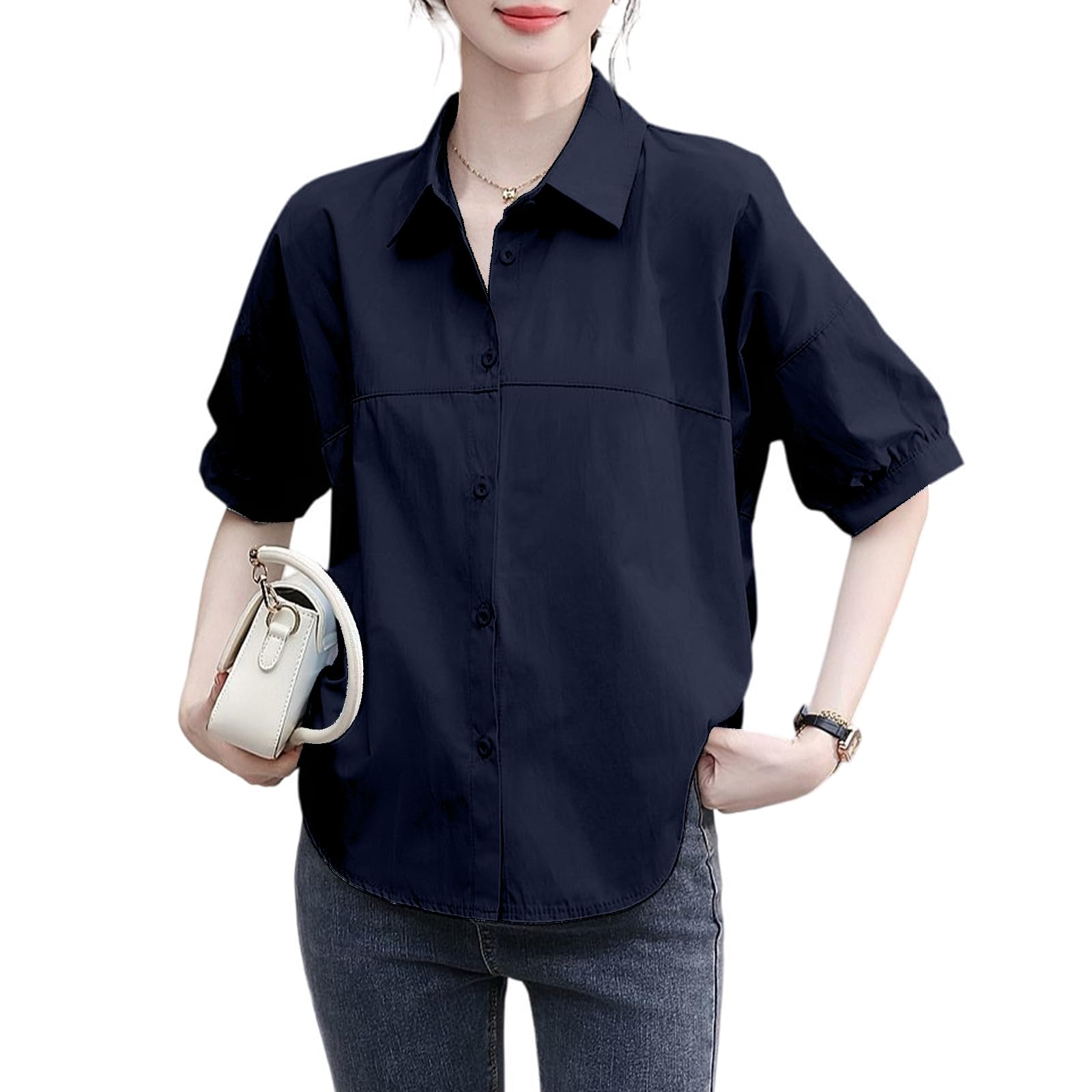 

Короткий корпус, свободный перед, повседневная одежда, для поездок на работу, [R10righten] рубашки, топы, женские блузки, рукава, тонкий, прикрывающий, посадка, однотонный, с воротником, с разрезом,