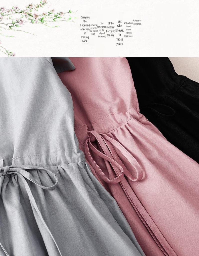 Xinxing 2025 Summer Cotton Linen Retro Short Sleeve Mid-Length Shirt Dress for Women