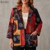 ZANZEA Damen Casual Langarm Print Baumwolle Leinen Cardigan Dünne Tops