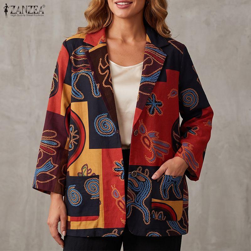 ZANZEA Damen Casual Langarm Print Baumwolle Leinen Cardigan Dünne Tops